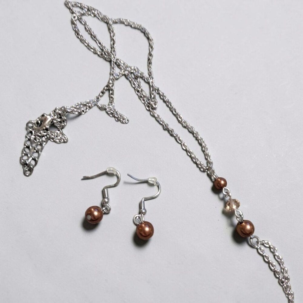 Silver Tone Tassel Necklace & Earrings Set, Copper Tone Beads, Boho Jewelry - Picture 6 of 9